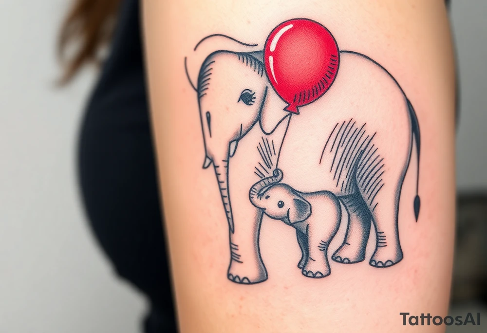 Mother elephant and a baby elephant holding a red balloon with its trunk, symbolizing childhood joy and innocence tattoo idea