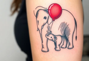 Mother elephant and a baby elephant holding a red balloon with its trunk, symbolizing childhood joy and innocence tattoo idea