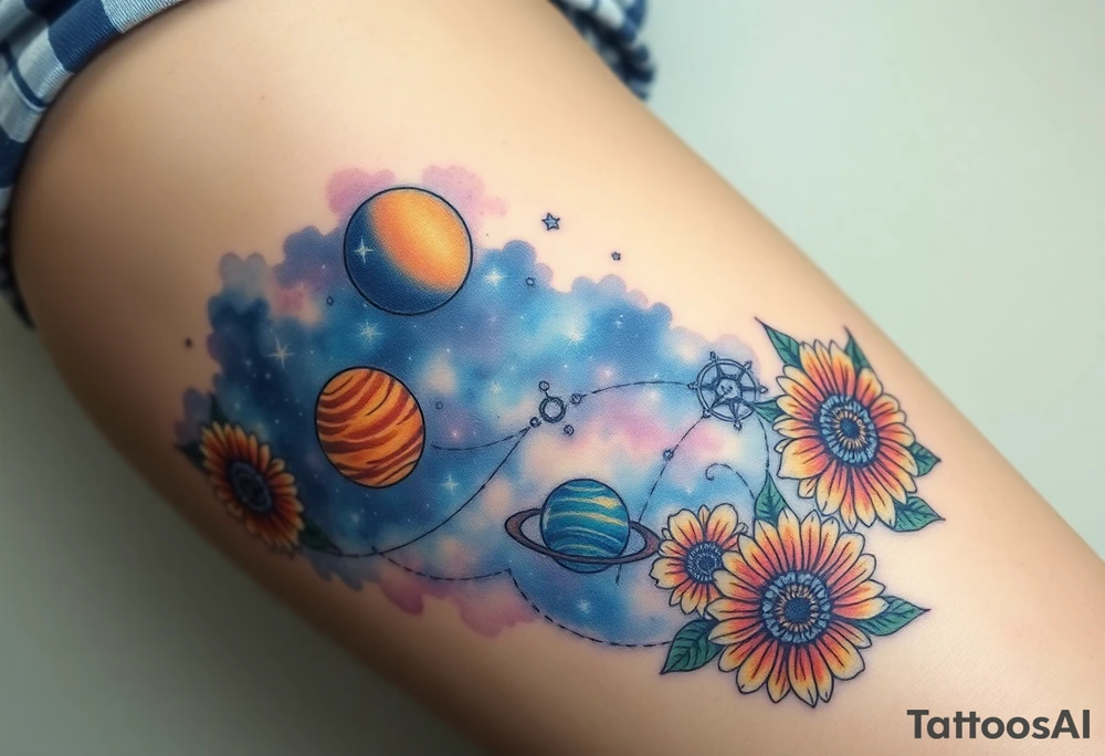 Milky way galaxy with planets with zodiac symbols and protection runes in it with tigerlillies roses and sunflowers tattoo idea