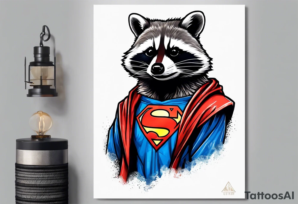 raccoon wearing a Superman hoodie tattoo idea