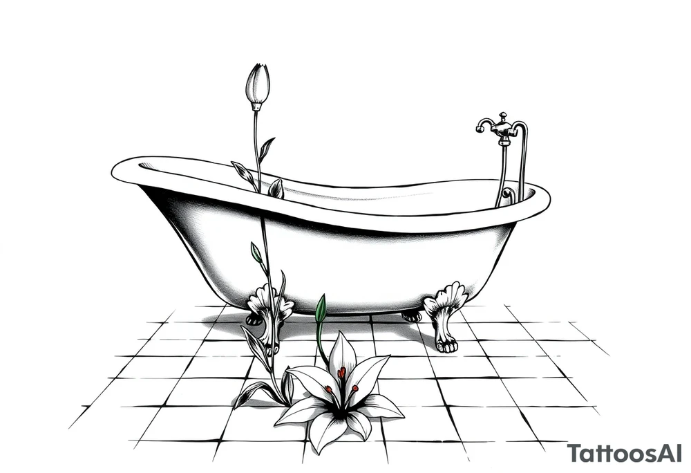 Clawfoot bathtub with lily coming up from tile floor tattoo idea