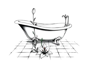 Clawfoot bathtub with lily coming up from tile floor tattoo idea