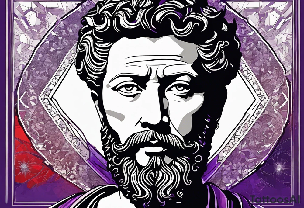 The Face of marcus aurelius with the lower left half missing. He is looking slightly away at 25 degrees. Geometric symbols framing the background. The background has small color splashes of red and purple. tattoo idea