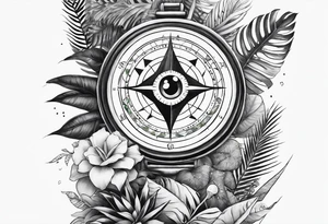 full arm sleeve tattoo with Vigvisir compass and all-seeing eye surrounded by jungle plants tattoo idea