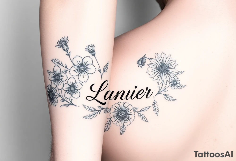 Birth flowers for the month of January February March May, June, July, August, November, and the name Lanier in cursive between the flowers on forarm sleeve tattoo idea