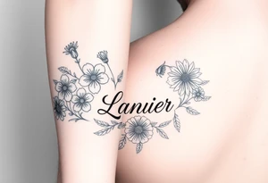 Birth flowers for the month of January February March May, June, July, August, November, and the name Lanier in cursive between the flowers on forarm sleeve tattoo idea