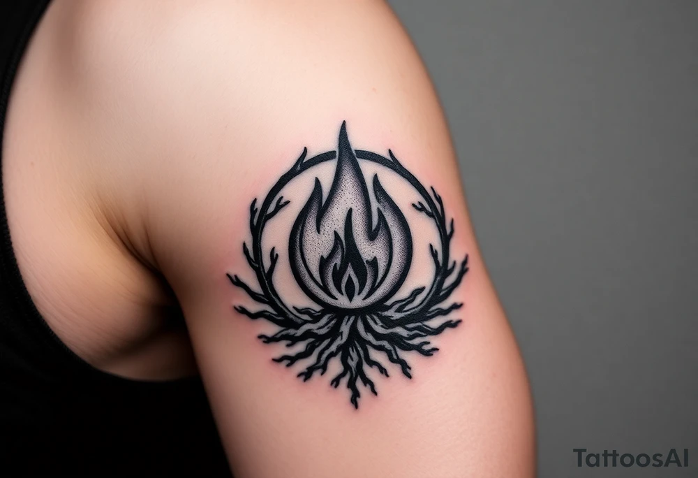 a round flame imprisoned in a roots circle tattoo idea