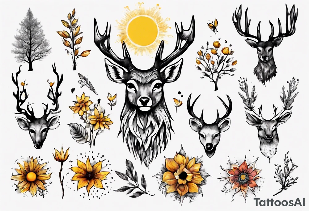 wasser, sonne, eule  wald, hirsch, blume des lebens, 
baum, berlin tattoo idea