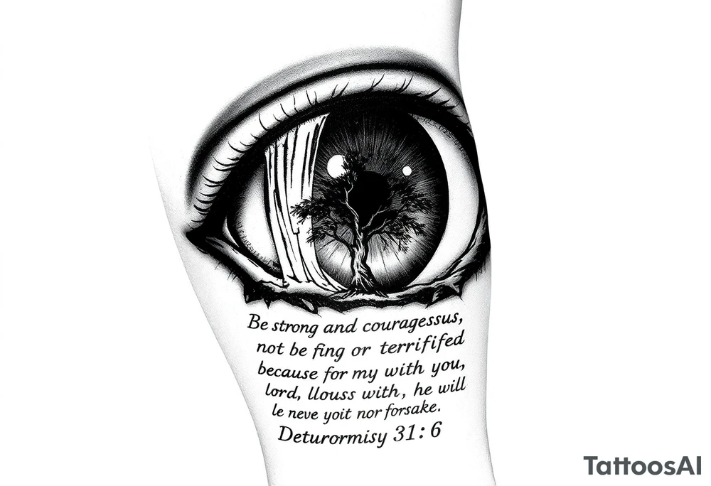 Realistic Eyeball with waterfall flowing out of it and under have a tree and under that have the verse Be strong and courageous. Do not be afraid or terrified
because of them, for the Lord your God goes with you; he will never leave you nor forsake you." Deuteronomy 31:6 tattoo idea