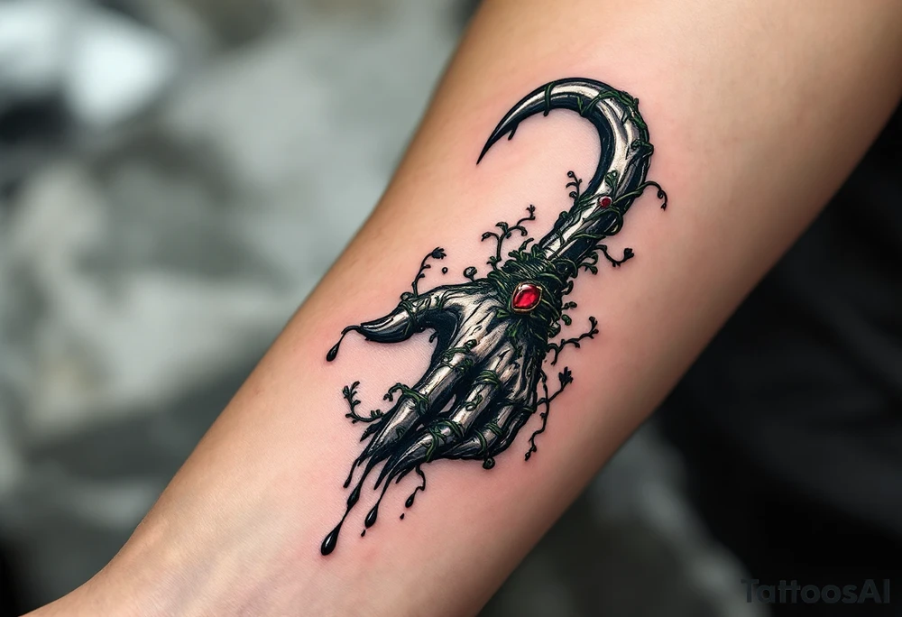 The Cursed Hook – A metal pirate hook hand, wrapped in dark green vines and black tendrils, with a single ruby embedded in the wristpiece. The hook drips with ink-black liquid, symbolizing an ancient curse. tattoo idea