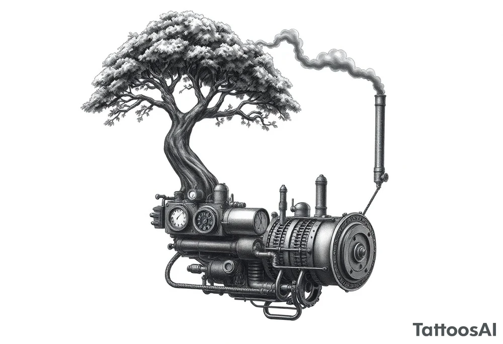 tree growing out of a v shaped engine with lots of pipes, guages and steam around the engine 
 with a smoke stack coming out of the top 
 billowing black smoke as if the tree and engine were a flying machine flying through the air 
 with an extreme steam punk vibe alot more steam punk 
it should look somewhat like a hot air baloon where the tree is the balloon and the machine is the basket but they are together as one unit, and the sky should have clouds in the back ground as if it were chugging along flying through the sky and needs to look extremely steam punk
the smoke stack should be coming out of the tree and the smoke should be trailing behind the machine 
the tree is the actual smoke stack for the machine tattoo idea