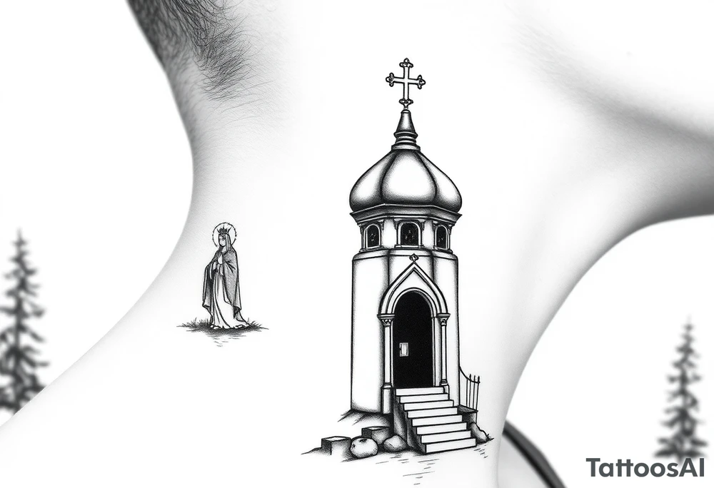 russian design traditional christian orthodox cross with a virgin mary stood beside the entrance of a russian orthodox dome church on the side of the neck in a wilderness setting with the design spread out the side of the neck tattoo idea