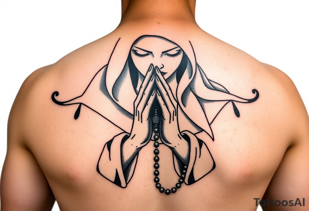 Chicano style woman with praying hands and rosary in hands tattoo idea