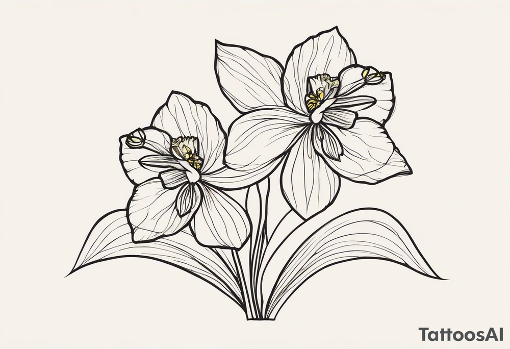“A minimalist tattoo design: Two daffodil flowers drawn with yellow lines. On top of the flowers, there is a minimalist dragonfly, smaller in size than the flowers, drawn with purple lines. The stems of the daffodils extend downward and are designed to form the word ‘muadil’ in cursive handwriting, so that the stems and the writing appear as a unified whole.” tattoo idea