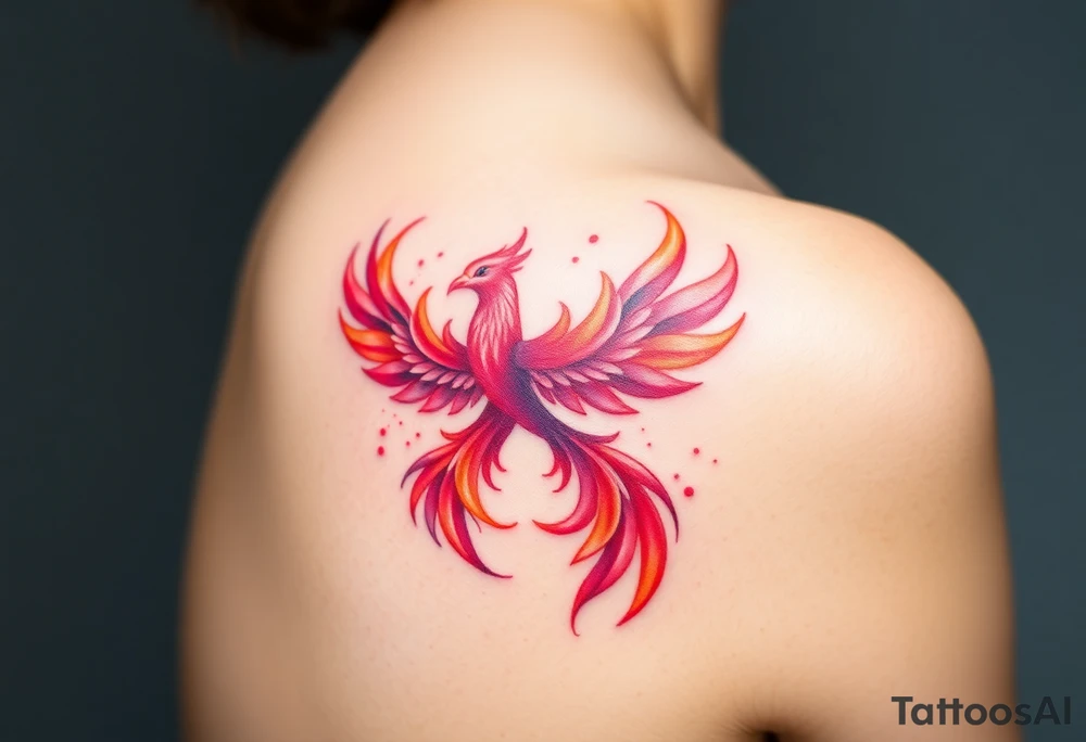 Square, phoenix rising from fire, colors red, pink, orange and purple. tattoo idea