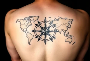 antique compass rose overlaid on weathered world map with sailing ships tattoo idea