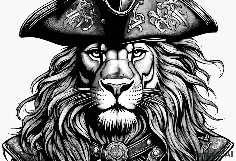 Pirate lion wearing jacket, sword and pistol, nautical steampunk theme. dreadlocks. pirate vessel tattoo idea