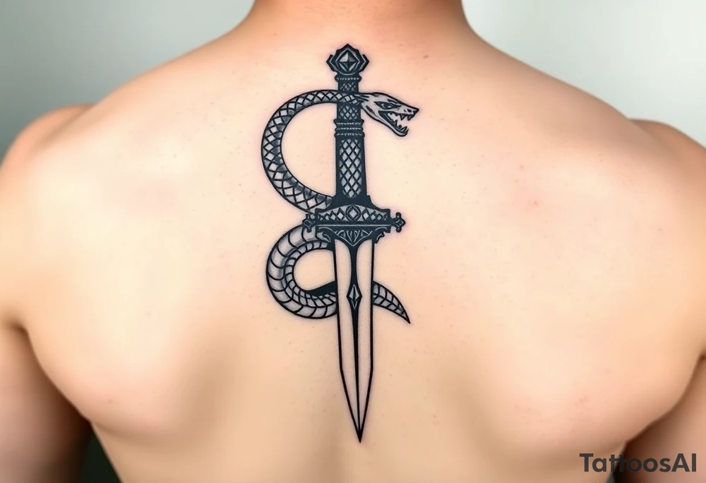 mystical snake coiled around an ancient dagger with jeweled hilt tattoo idea