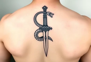 mystical snake coiled around an ancient dagger with jeweled hilt tattoo idea