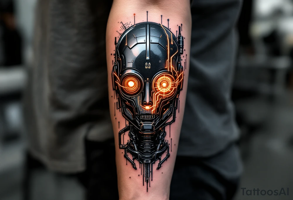 A half-android full arm design in glossy gunmetal, lit from within by soft amber light trails tattoo idea