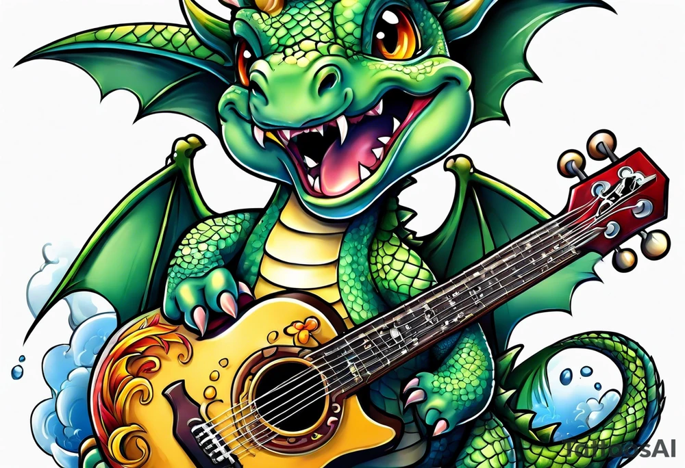 baby dragon with guitar tattoo idea