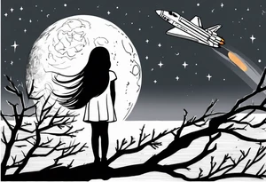 back of small girl in dress with long hair sitting on a tree branch watching a space shuttle launch in the distance, scene set within an owl tattoo idea