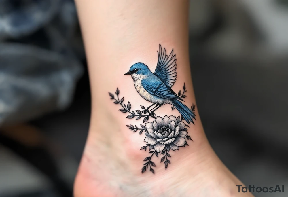 Blue bird with thick floral at the bottom tattoo idea