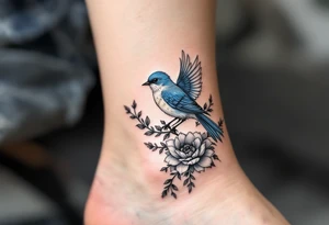 Blue bird with thick floral at the bottom tattoo idea