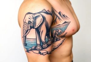 A mother and a baby elephant walking down a mountain trail with the ocean below tattoo idea