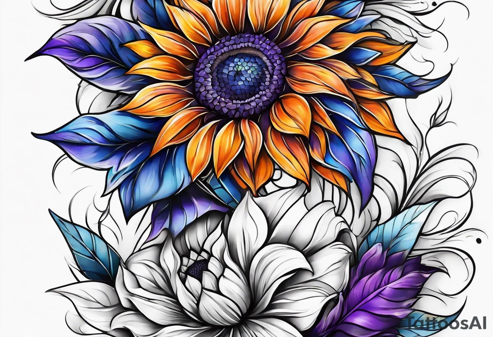 Full leg sleeve with purple, orange and blue sunflowers tattoo idea