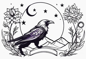 a fantasy book. a flying dragon. A pawn. a cluster of lavender. a sword with a bee. A raven. Stars and crescent moon with mountains tattoo idea