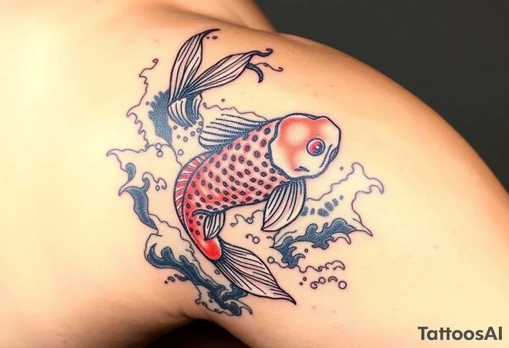 traditional koi fish swimming upstream through turbulent waves tattoo idea