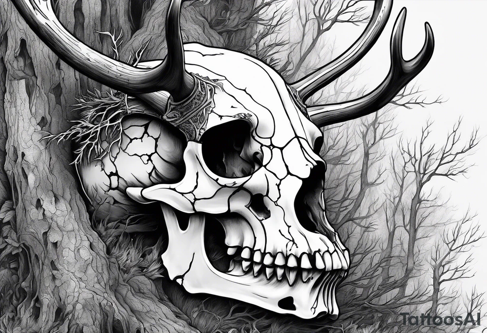 A side view of a decayed deer skull with no skin JUST BONE surrounded by trees and fire tattoo idea