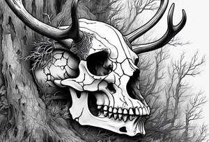 A side view of a decayed deer skull with no skin JUST BONE surrounded by trees and fire tattoo idea