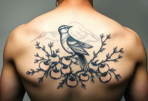 bird on persimmon tree with lots of branches and fruits with mountains in background japanese style tattoo idea