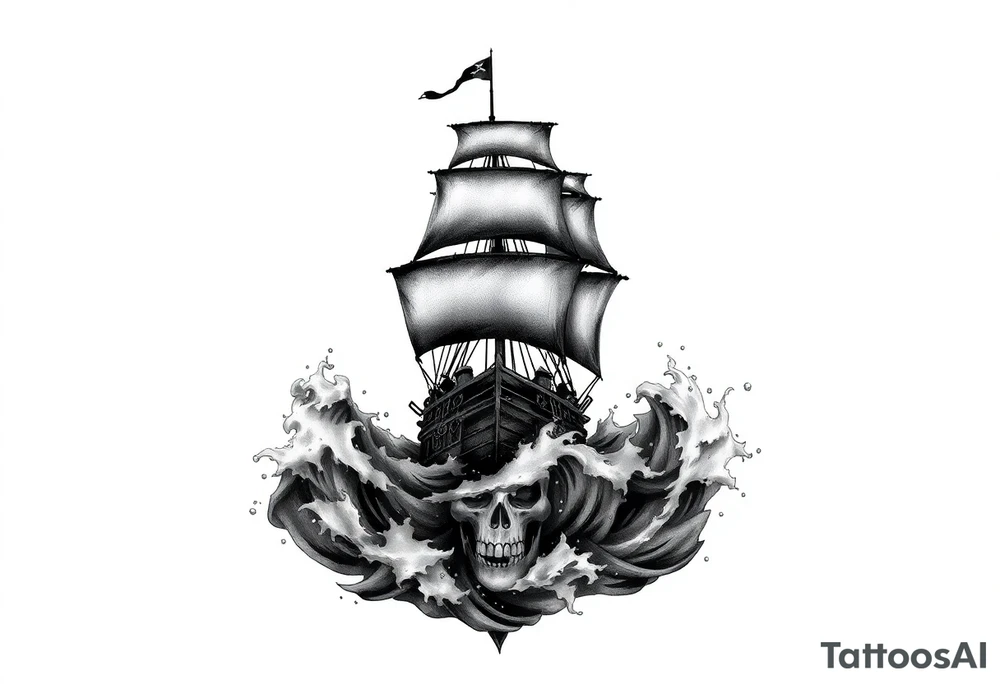 Ultra-detailed tattoo design, hyper-realistic black and grey, ghostly pirate ship emerging from stormy waves, giant skull fading into the sea foam, dramatic lighting, high contrast shading, stencil-ready, full sleeve composition, no background clutter, smooth gradient transitions. tattoo idea