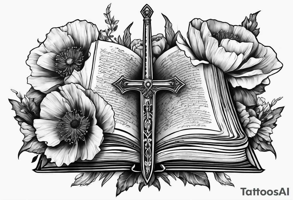 A book with a dagger surrounded by poppies tattoo idea A book with a dagger surrounded by poppies tattoo idea