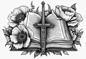 A book with a dagger surrounded by poppies tattoo idea