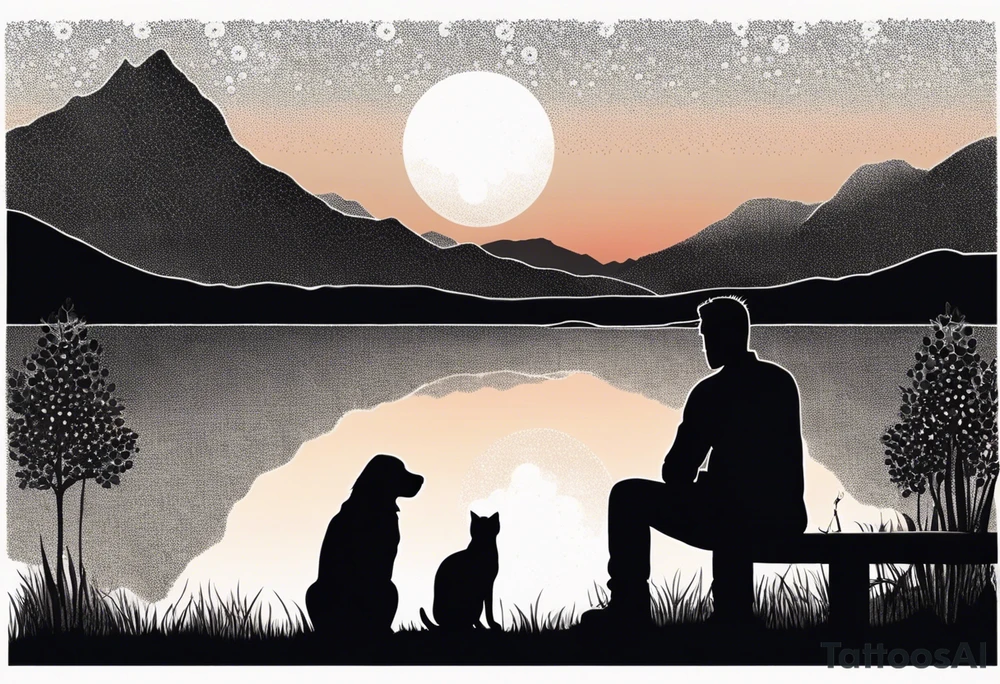 nature, sunset, mountains, a father and son sitting with their dog and cat 
by the water tattoo idea