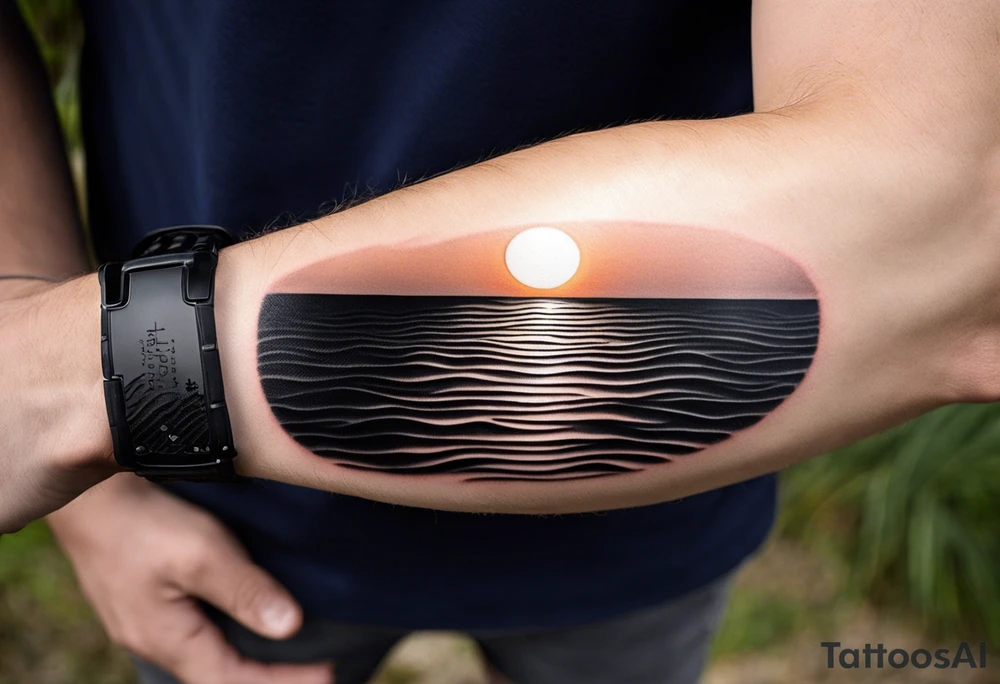 This is an extremely simple and minimalistic tattoo on male forearm. It is black and white with no color. The tattoo 6 inches wide by 3 inches tall. From the perspective of being on the ocean, Water is calm, with no waves in sight, the sun is setting behind the ocean, reflecting light onto the ocean. tattoo idea