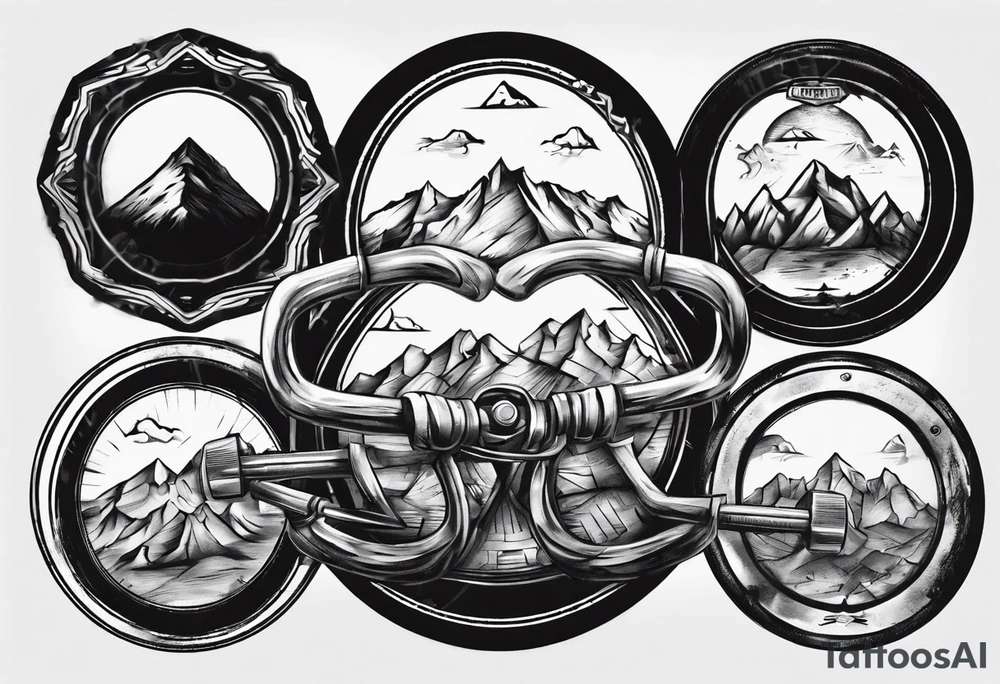 road cycle front wheel drawn as a barbell plate with a mountain in the middle tattoo idea