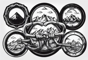 road cycle front wheel drawn as a barbell plate with a mountain in the middle tattoo idea
