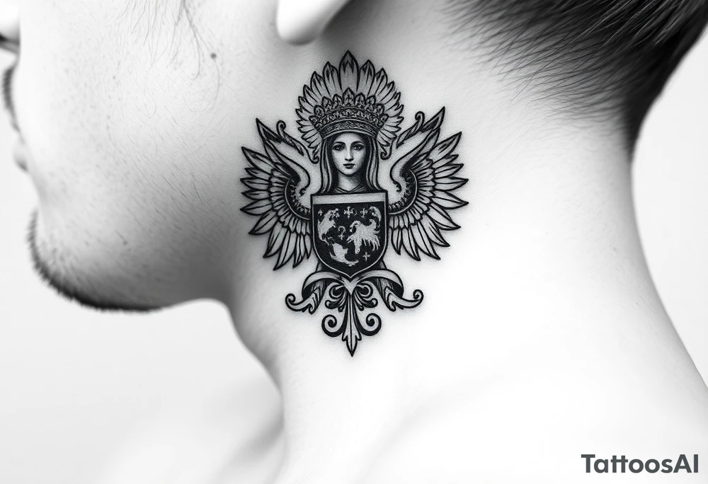 russian coat arms in a christian orthodox style virgin mary on the side of the neck tattoo idea