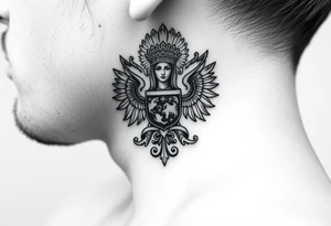 russian coat arms in a christian orthodox style virgin mary on the side of the neck tattoo idea