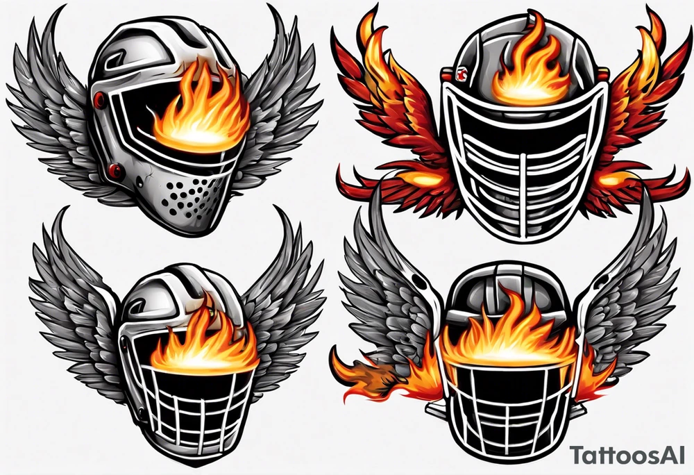 hockey puck with flaming wings and a goalie mask that says "SHOT HOCKEY" tattoo idea