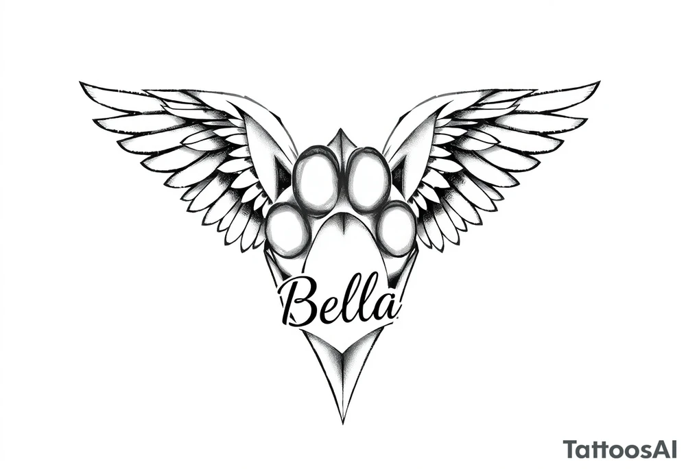 Dog print with angel wings and the name Bella tattoo idea