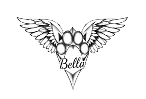 Dog print with angel wings and the name Bella tattoo idea