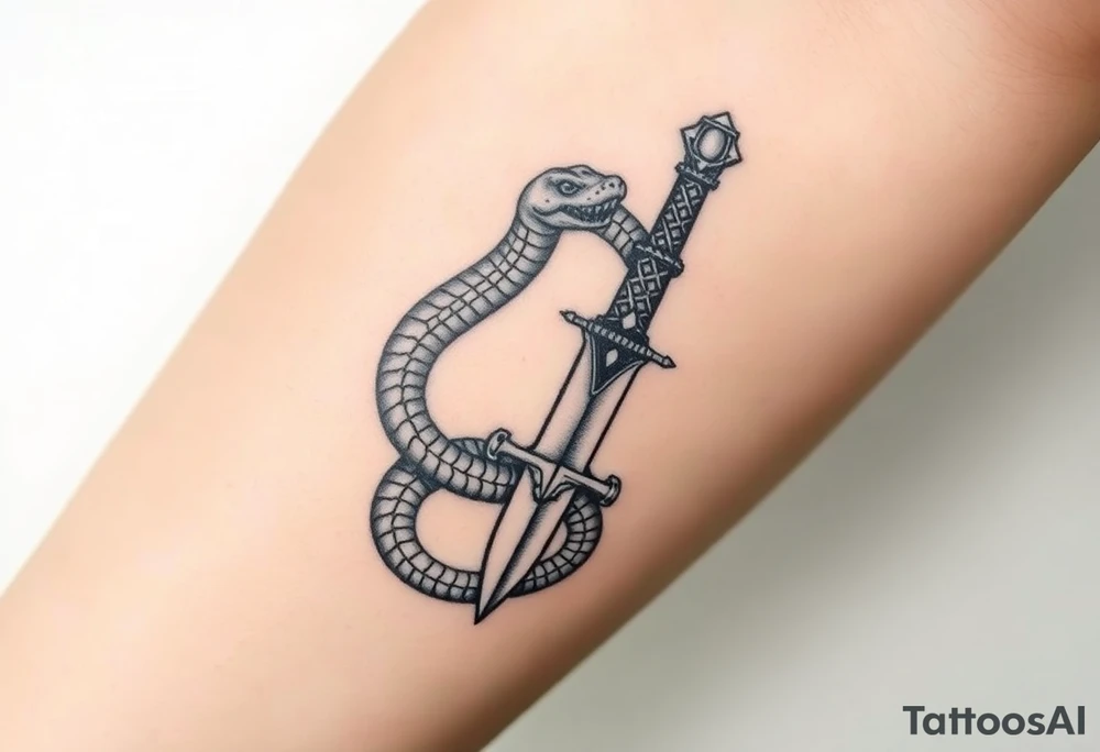 mystical snake coiled around an ancient dagger with jeweled hilt tattoo idea