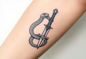 mystical snake coiled around an ancient dagger with jeweled hilt tattoo idea