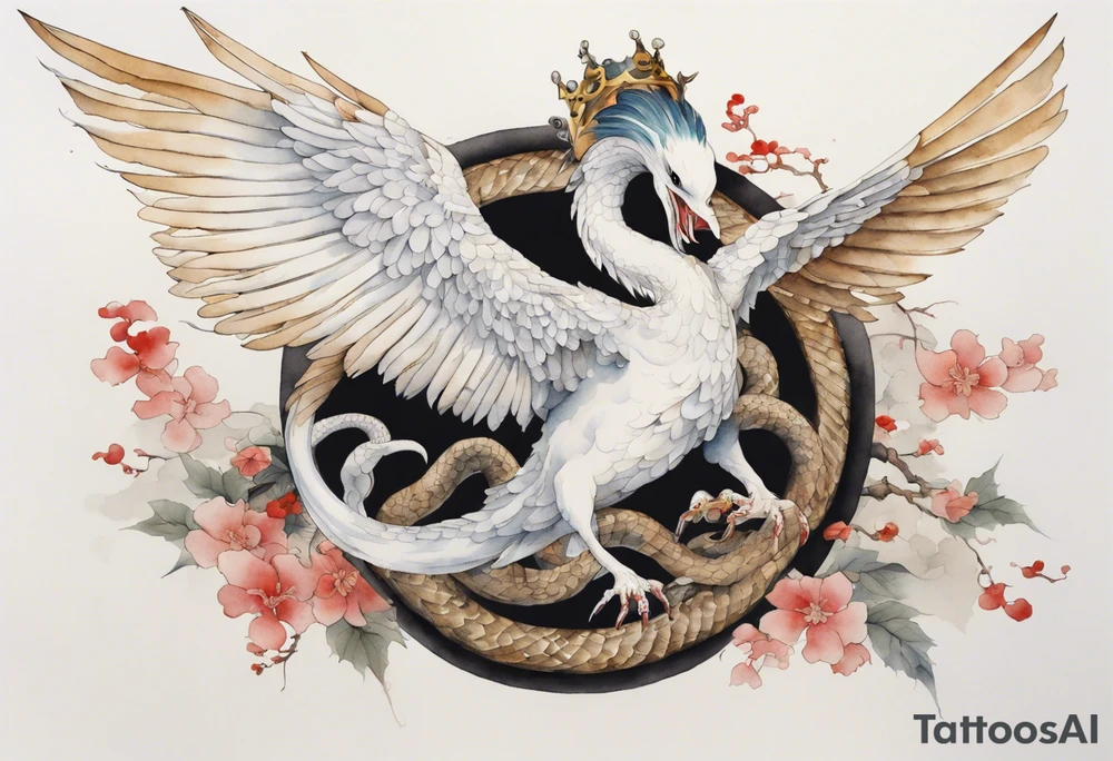 a watercolor of a white bird-serpent hybrid wearing an iron crown, flying tattoo idea